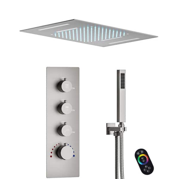 YAWWALK Thermostatic Valve 7-Spray 23x15 in. LED Mood Lighting Ceiling Mount Fixed and Handheld Shower Head in Brushed Nickel