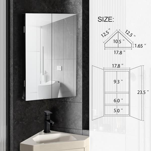 eclife 17.8 in. W x 23.5 in. H Rectangular Double Door Corner Surface Mount Frameless Medicine Cabinet with Mirror in Black