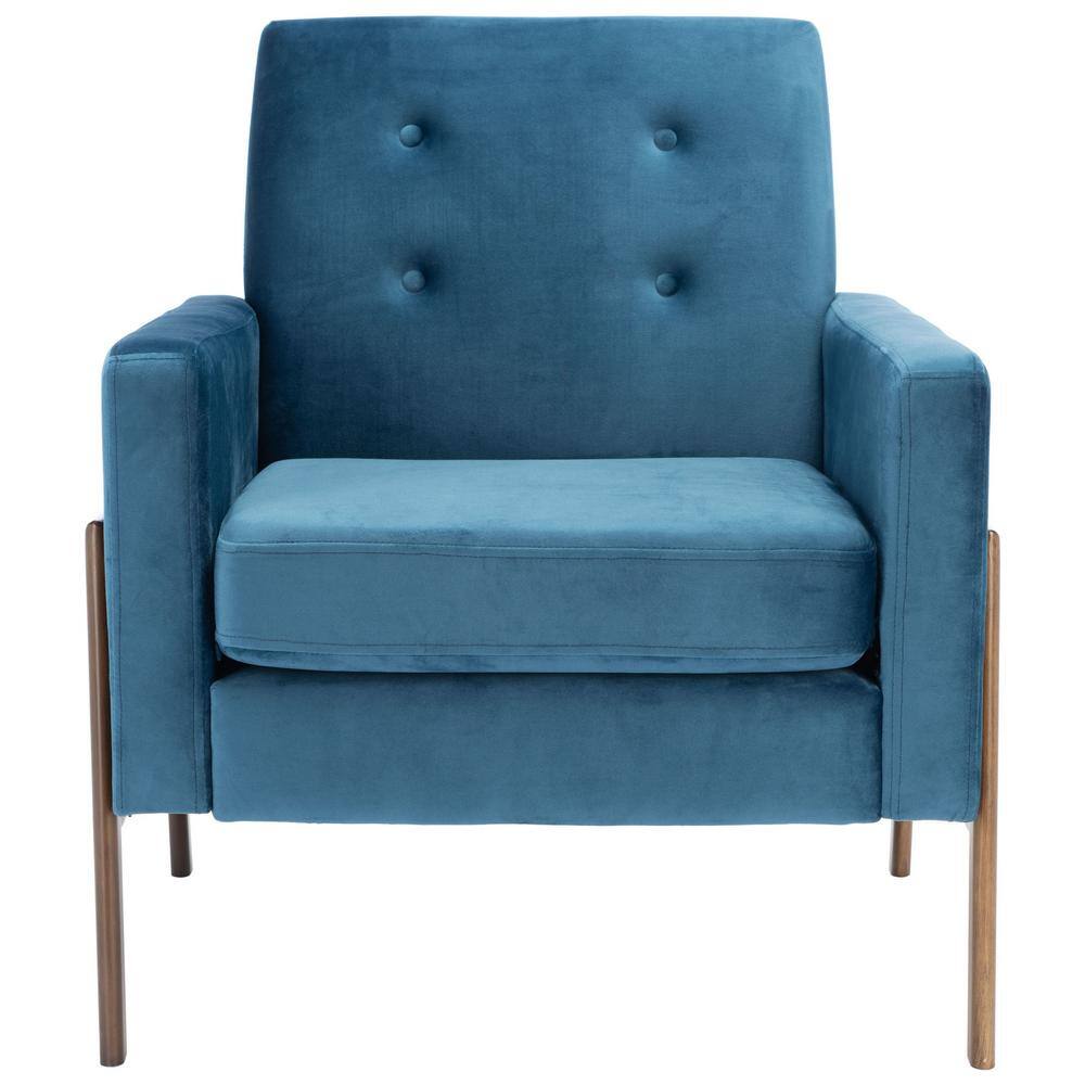 Front view of a blue velvet upholstered side chair with brown wooden legs.