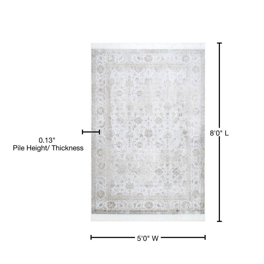 Ivory Floral Rectangular Viscose Area Rug with Fringe, 5' x 8'