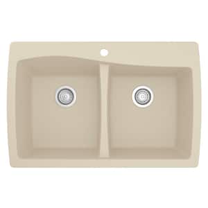 Drop-In Quartz Composite 34 in. 1-Hole 50/50 Double Bowl Kitchen Sink in Bisque