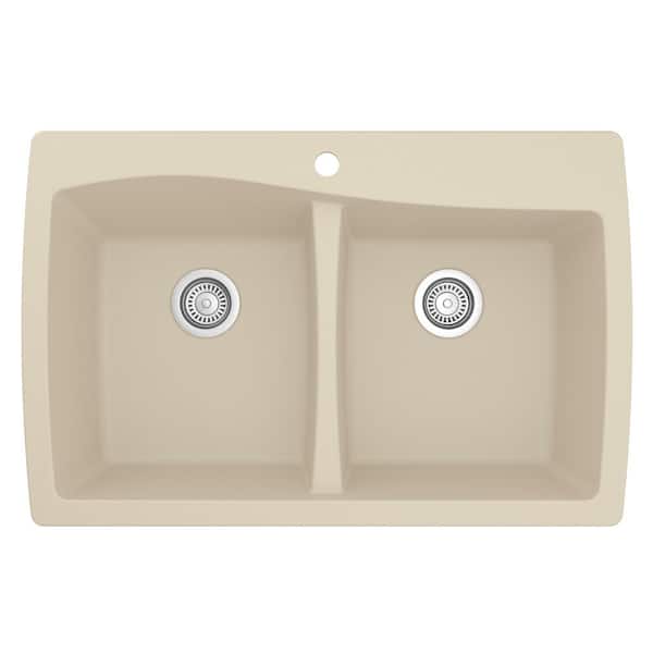 Drop-In Quartz/Granite Composite 34 in. 1-Hole 50/50 Double Bowl Kitchen Sink in Bisque