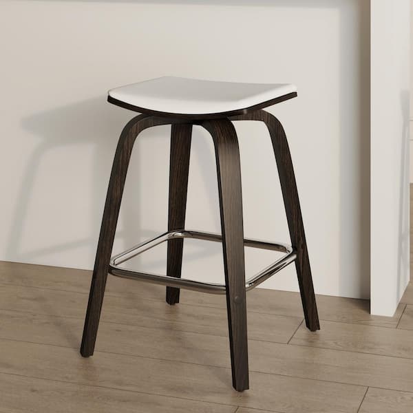 25 in. Counter Height Stool in Leather with Poplar Wood Legs 360 sq. Swivel Seat in Dark Walnut/White