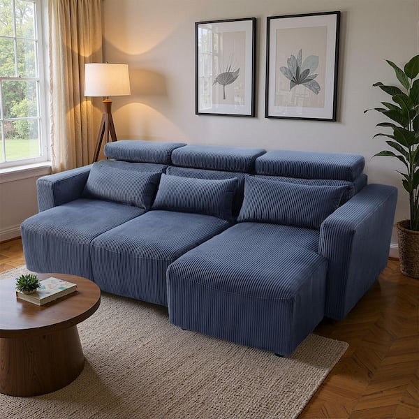 William 90.2 in. Square Arm Corduroy L-Shaped Adjustable Headrest and Ottoman, 3 Throw Pillows Sofa in. Navy Blue
