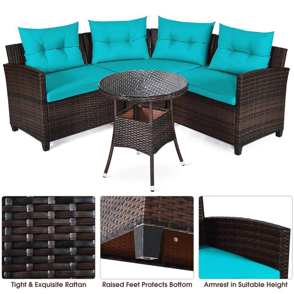 Turquoise Cushioned Rattan Outdoor Furniture Set with Glass Table