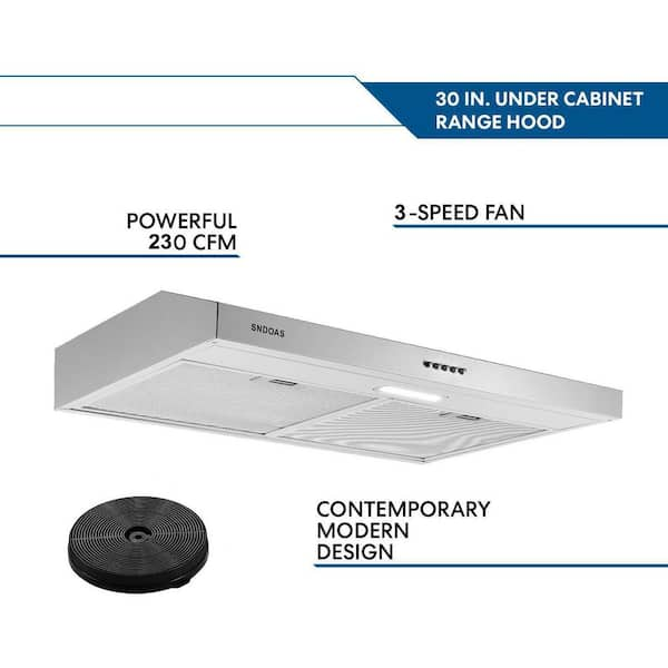 30 in. 230 CFM 3 Speed Sliver Kitchen Under Cabinet Range Hood in 