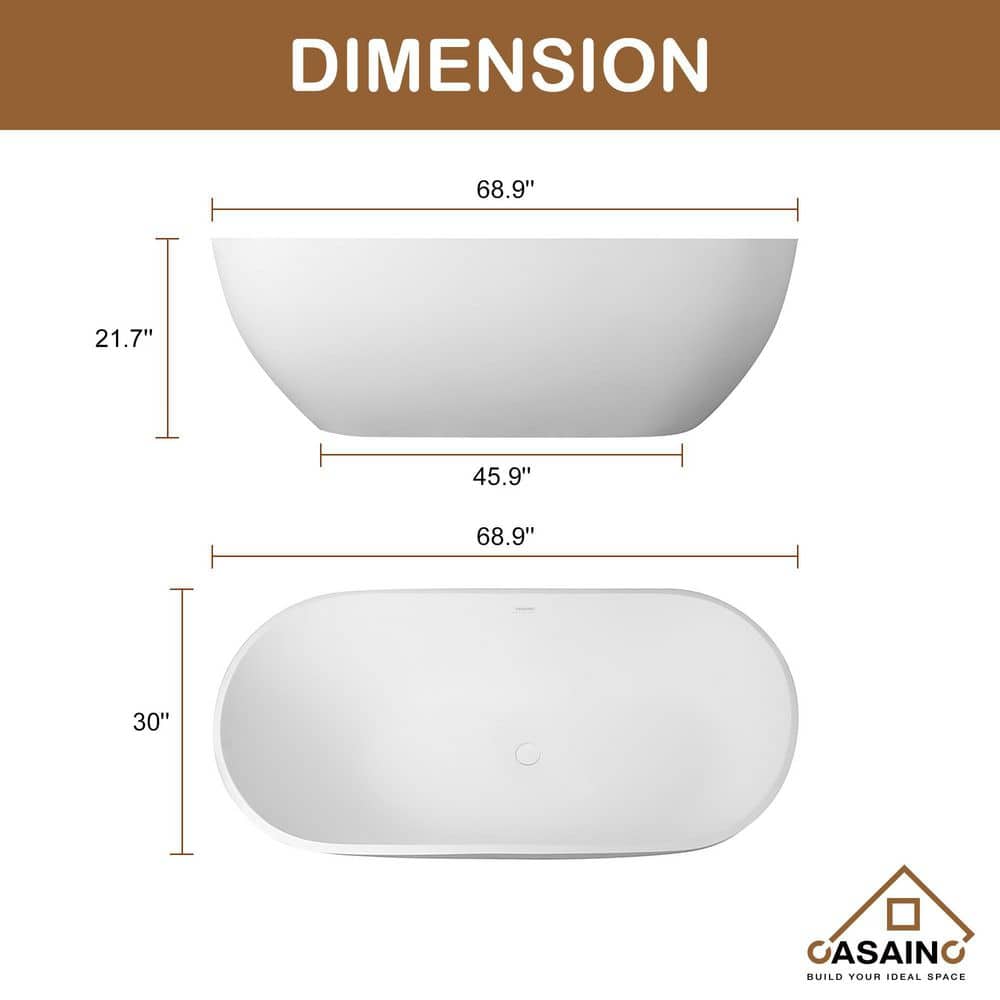 69'' Matte White Stone Resin Freestanding Soaking Bathtub