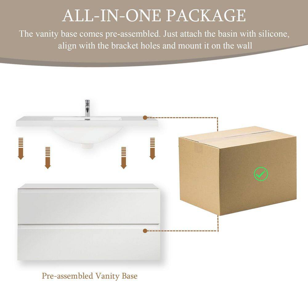 42" Glossy White MDF Floating Bathroom Vanity with Resin Sink