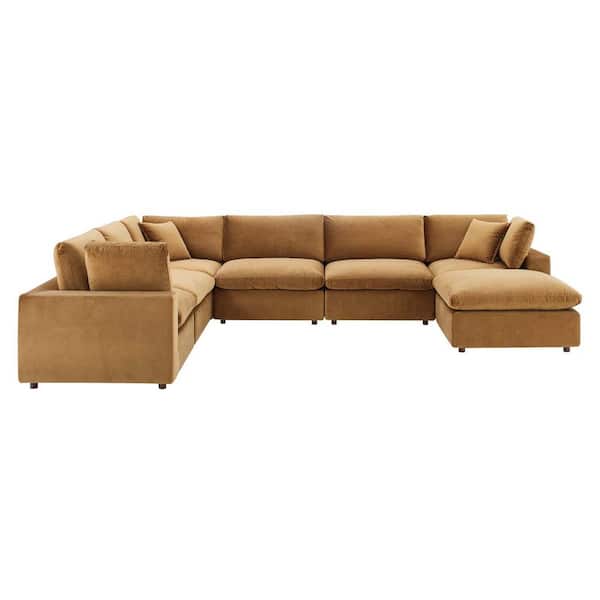 MODWAY Commix 158 in. Down Filled Overstuffed Performance Velvet 7-Piece Sectional Sofa in Cognac