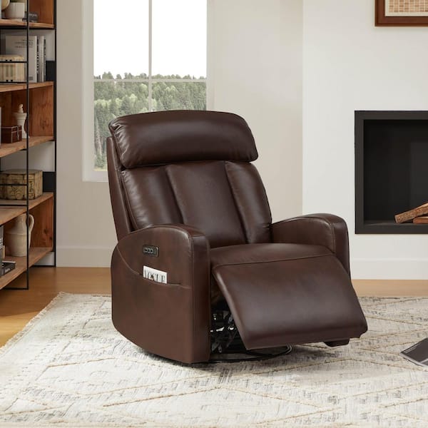 Hugo Cognac Genuine Leather Glider Swivel Power Recliner with Adjustable Headrest & Lumbar,Charging Ports,Storage Pocket