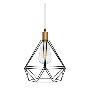 8.66 in. 1-Light Black Pendant Light Fixture,Metal Cage with Gold Socket Hanging Lighting for Kitchen Island Dining Room