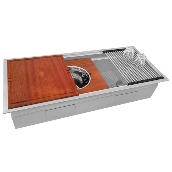 Dual Tier 45 in. Drop-in Single Bowl 16-Gauge Stainless Steel Two-Tiered Workstation Kitchen Sink with Accessories