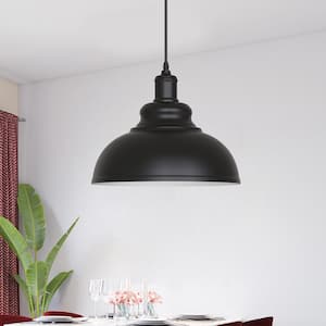 11.81 in. 1-Light Black Dome Pendant Lighting with Metal Shaded