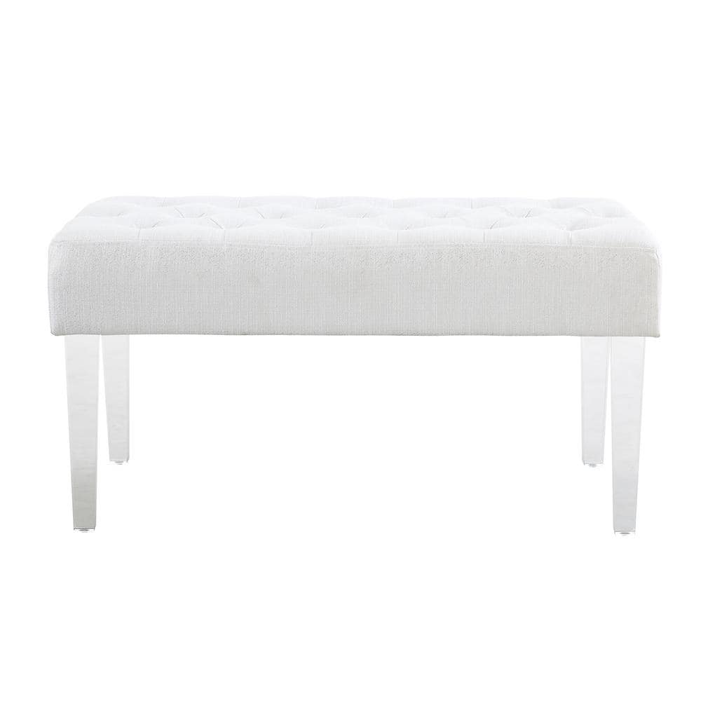 Ella White Tufted Linen Bench with Acrylic Legs