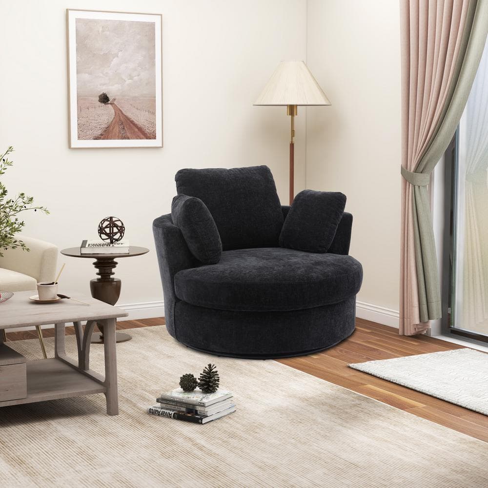 42.2 in.W Black Swivel Accent Barrel Chair and Half Swivel Sofa With 3 Pill