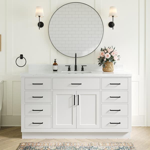 ARIEL Hepburn 60 in. W x 22 in. D x 36 in. H Single Sink Freestanding Bath Vanity in White with Carrara Quartz Top