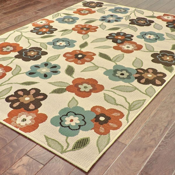 Brown, Ivory 7 ft. x 10 ft. Loomed Floral Polypropylene Rectangle Indoor/Outdoor Area Rug