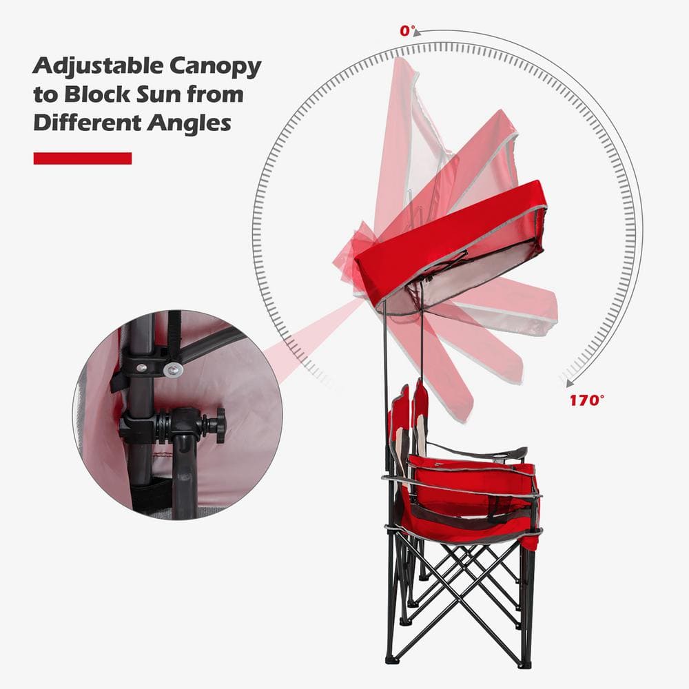 Red Double Folding Camping Chair with Canopy and Cooler