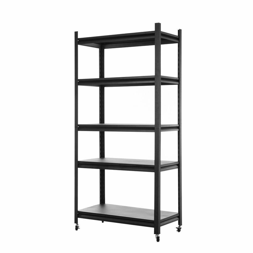 5-Shelf Kitchen Metal Pantry Organizer Shelves, Adjustable Rack with Rollers, Storage Rack Unit Organizer, Black