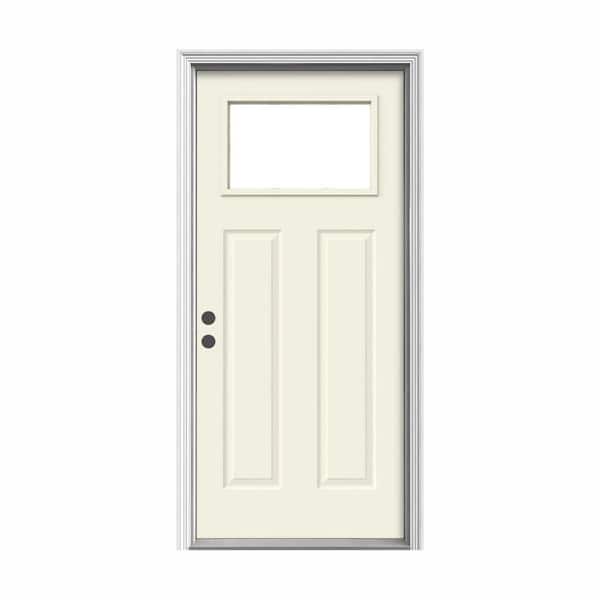 JELD-WEN 36 in. x 80 in. 1-Lite Craftsman Vanilla Painted Steel Prehung Right-Hand Inswing Front Door w/Brickmould