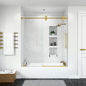 Serena 60 in. W x 66 in. H Sliding Frameless Tub Door in Brushed Gold with 3/8 in. (10 mm) Tempered Clear Glass