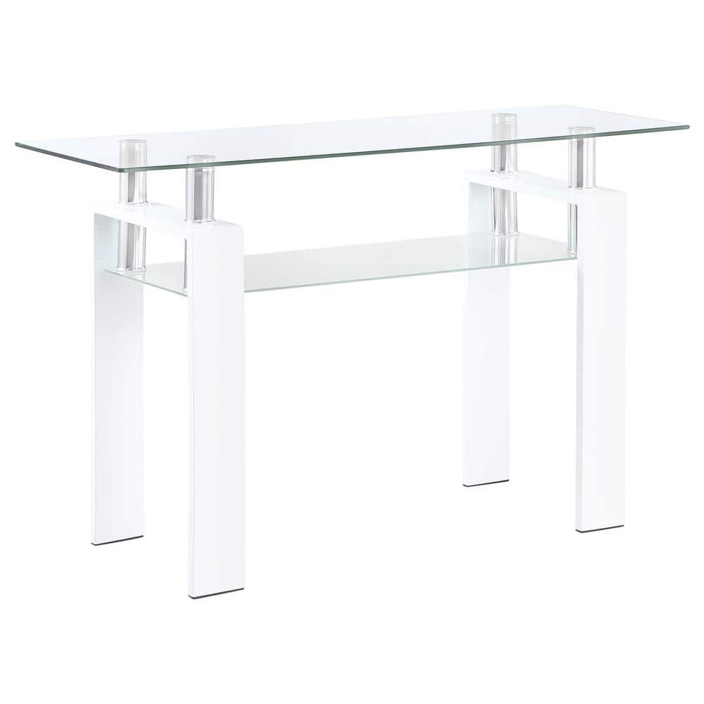 White Metal and Glass Rectangular Sofa Table with Shelf