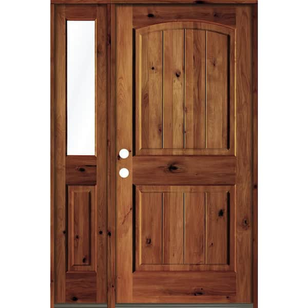 Krosswood Doors 44 in. x 80 in. Rustic Knotty Alder Right-Hand/Inswing Clear Glass Red Chestnut Stain Wood Prehung Front Door w/Sidelite