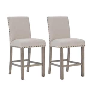Rural Log Wood Counter Height Dining Chair Armless with Footrest and Nail head for Kitchen Island Set of 2