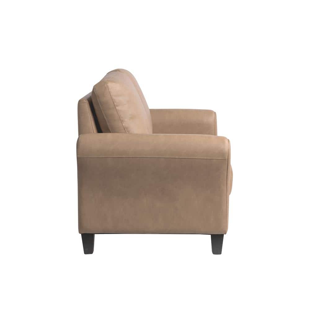 Brown Faux Leather Loveseat with Rolled Arms and Tapered Legs