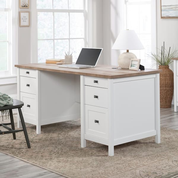 SAUDER Cottage Road 65.118 in. White 6-Drawer Executive Desk with File Storage and Cord Management