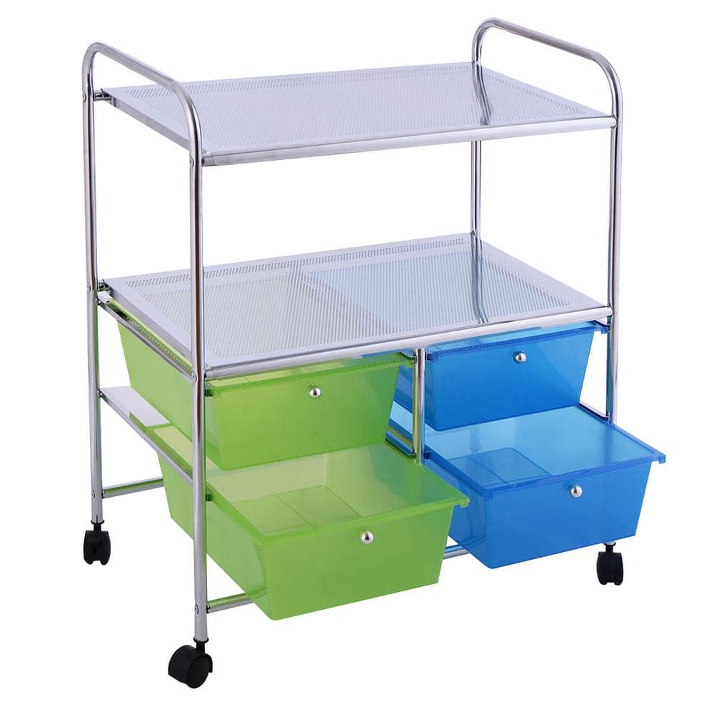 Green and Blue 4-Drawer Rolling Storage Cart with Metal Shelves