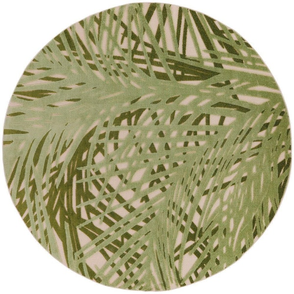 Aloha Ivory Green 8 ft. x 8 ft. Botanical Contemporary Round Area Rug