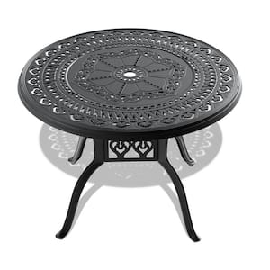 39.37-in. Black Cast Aluminum Outdoor Dining Table, Outside Round Bistro Table With Black Frame and Umbrella Hole