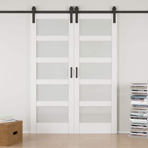 60 in. x 84 in. 5-Lite Frosted Glass White MDF Finished Double Sliding Barn Door Slab with Hardware and Soft Close