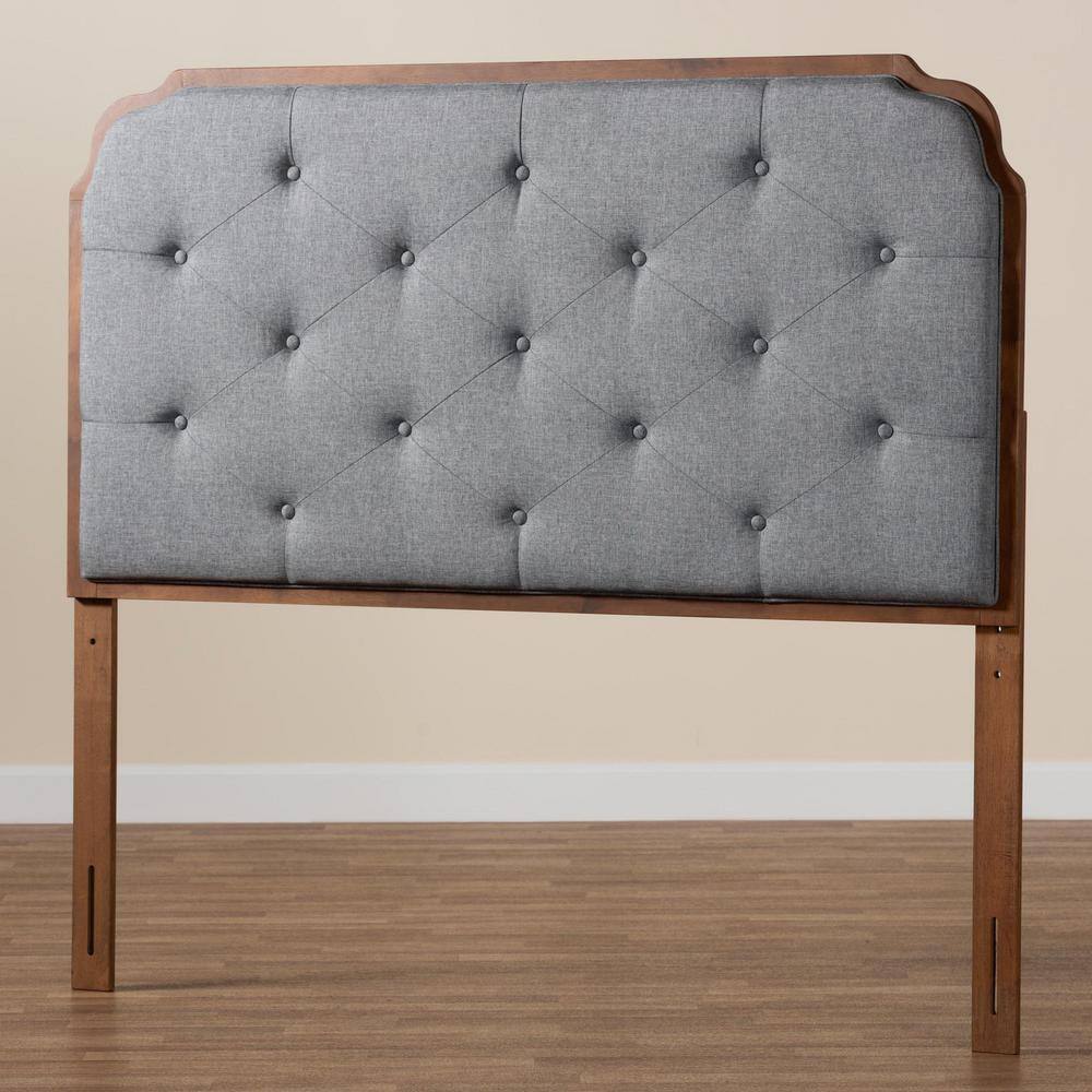 Gray Tufted Upholstered Queen Headboard with Walnut Wood Frame