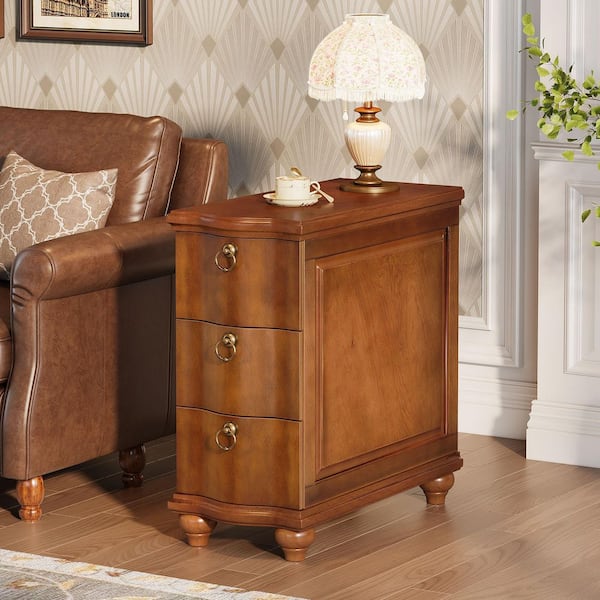 Kerlin 23.62" in. W Walnut Brown Fully Assembled Rectangle Wood End Slim Side Bedside 3-Drawers Nightstand Living Room