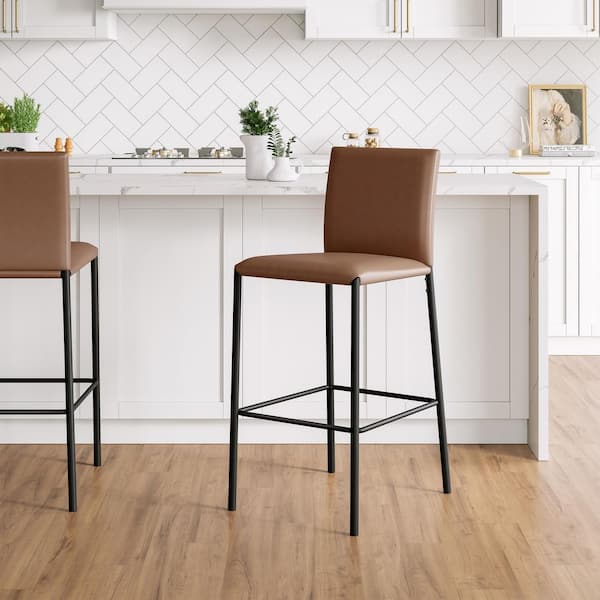 Bronte 43.5 in. H Black Full Back Metal Adjustable Height Bar Stool with Brown Faux Leather Seat