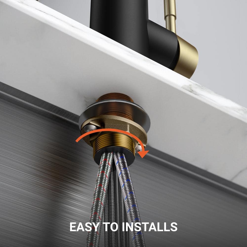 Black and Gold Stainless Steel High-Arc Kitchen Faucet with Pull-Out Spray