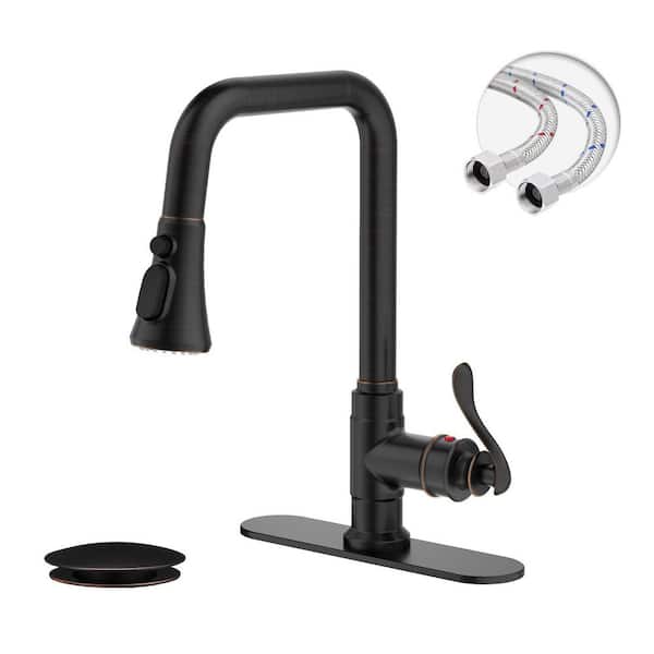 Spring Single Handle Pull-Down Sprayer Kitchen Faucet Deckplate Included in Oil Rubbed Bronze