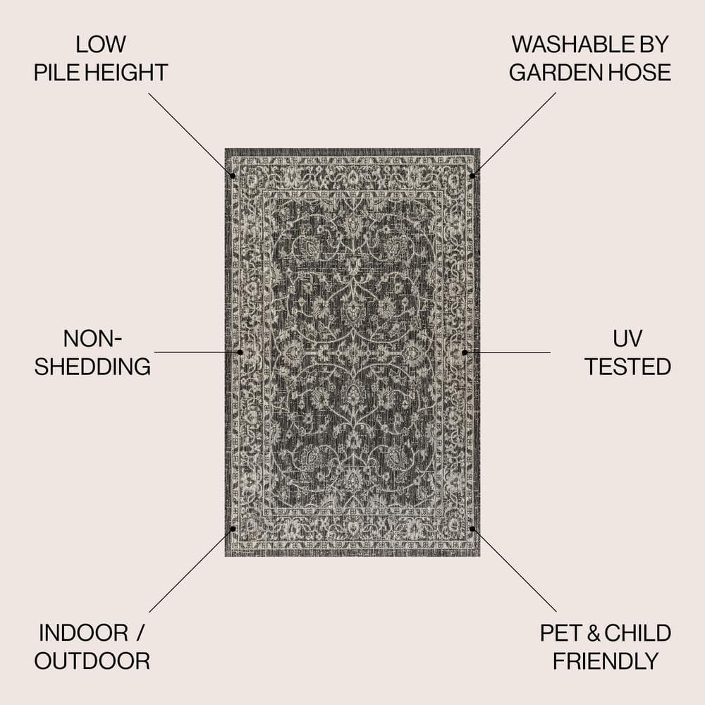 Elegant Twining Vine Black and Gray 4' x 6' Synthetic Area Rug
