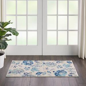 Tranquil Ivory/Light Blue Doormat 2 ft. x 4 ft. Floral Modern Kitchen Area Rug