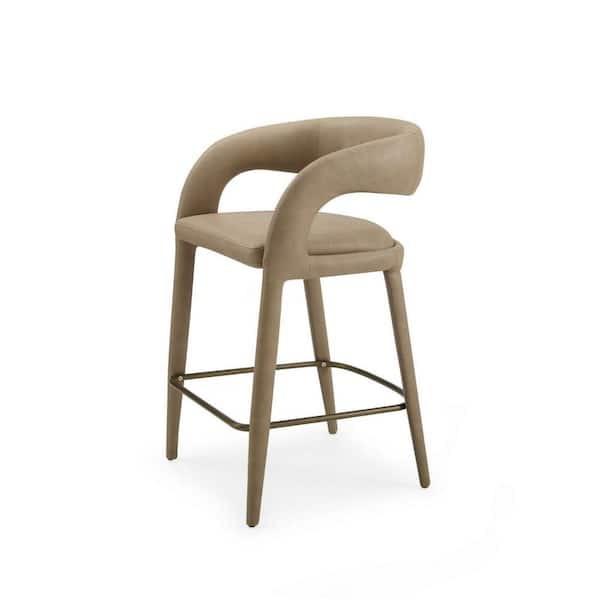 Benjara 32.4 in. Gray and Brass Low Back Metal Frame Counter Stool with Faux Leather Seat