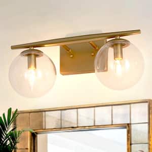 Mid-Century Globe Bathroom Vanity Light 2-Light Modern Brass Gold Round Wall Light with Clear Glass Shades