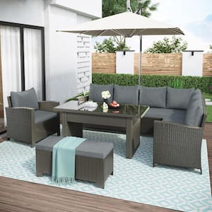 Gray 6-Piece Wicker Outdoor Sectional Set with Gray Cushions