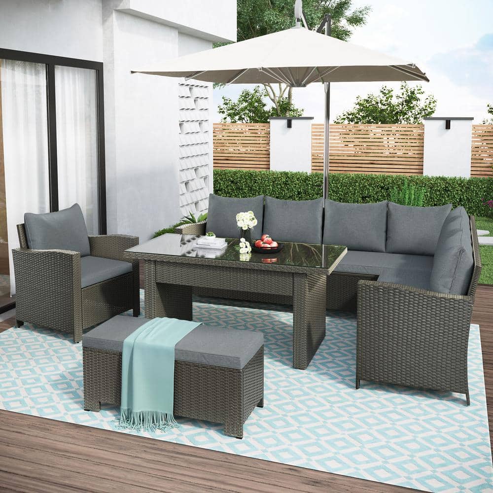 6-Piece Wicker Patio Conversation Set Dining Table Chair with Bench and Gra