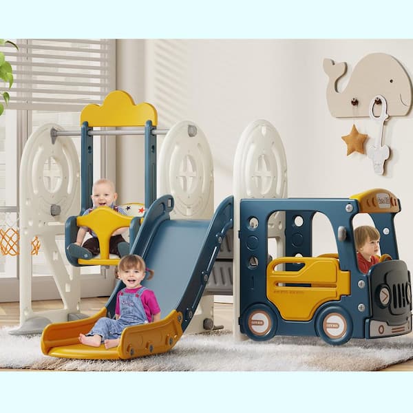 Toddler Slide  6 ft. Yellow Wave Slide Indoor Outdoor Slide with Swing and Basketball Hoop for Ages 1-3 Kids