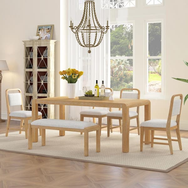 Polibi 6-Piece Rectangle Natural Wood Top Dining Table Set with 4 ...