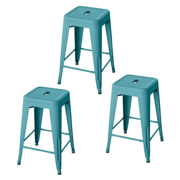 AmeriHome 24 in. Teal Metal, Backless, Stackable Bar Stool (Set of 3)