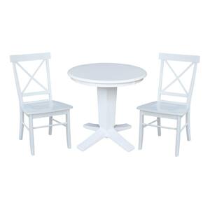 Aria White Solid Wood 30 in. Round Top Pedestal Dining Table Set with 2 X-Back Chairs, Seats 2