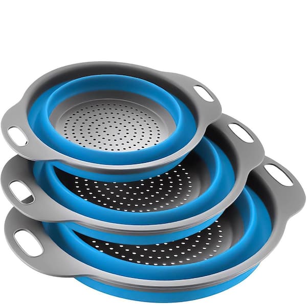 Blue Collapsible PP and TPR Colander (Set of 3), Foldable Kitchen Strainers for Pasta, Fruits and Vegetables